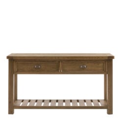 Rustic Country Dark Oak Wood 2 Drawer 2 Tier Chunky Large Console Table 148cm