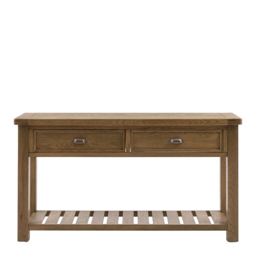 Rustic Country Dark Oak Wood 2 Drawer 2 Tier Chunky Large Console Table 148cm Rustic Country Dark Oak Wood 2 Drawer 2 Tier Chunky Large Console Table 148cm