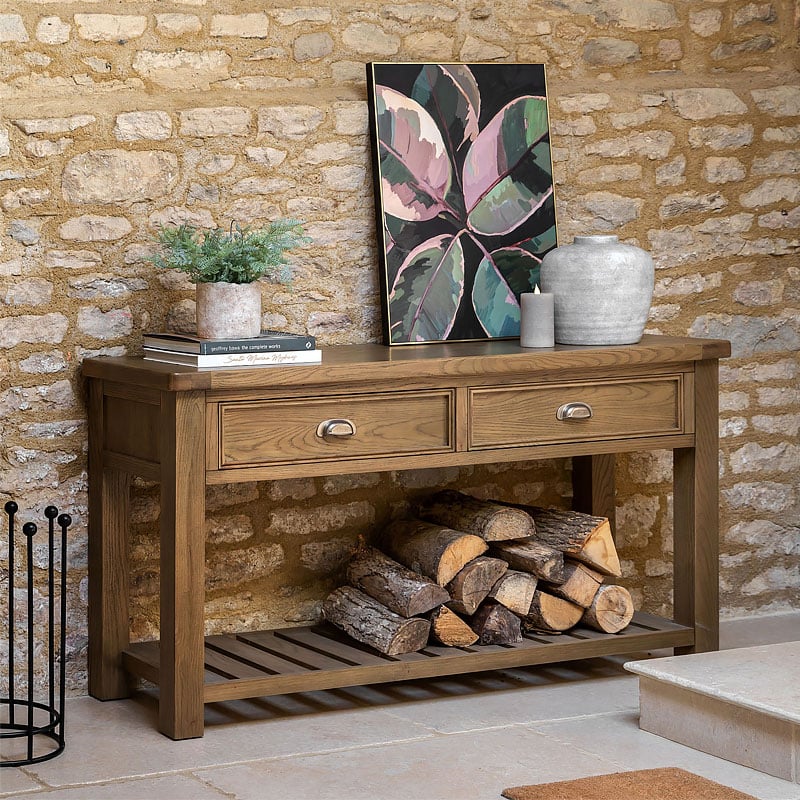 Rustic Country Dark Oak Wood 2 Drawer 2 Tier Chunky Large Console Table 148cm Rustic Country Dark Oak Wood 2 Drawer 2 Tier Chunky Large Console Table 148cm