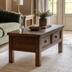 Rustic Country Dark Oak Wood 2 Drawer Large Rectangular Coffee Table 120cm