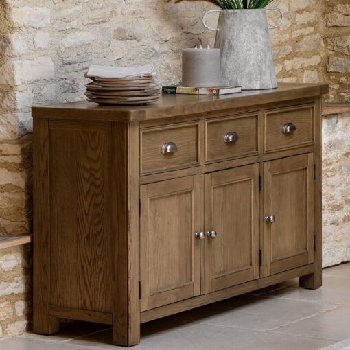 Rustic Country Dark Oak Wood 3 Drawer 3 Door Large Sideboard 150cm