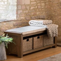 Rustic Country Dark Oak Wood 3 Wicker Baskets Storage Hallway Bench With Upholstered Seat 148cm