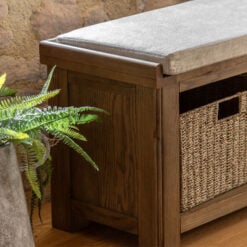 Rustic Country Dark Oak Wood 3 Wicker Baskets Storage Hallway Bench With Upholstered Seat 148cm