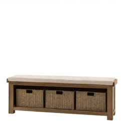 Rustic Country Dark Oak Wood 3 Wicker Baskets Storage Hallway Bench With Upholstered Seat 148cm
