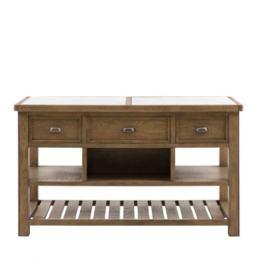 Rustic Country Farmhouse Dark Oak Wood 3 Drawer 3 Tier Kitchen Island With White Marble Top 150cm
