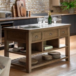 Rustic Country Farmhouse Dark Oak Wood 3 Drawer 3 Tier Kitchen Island With White Marble Top 150cm