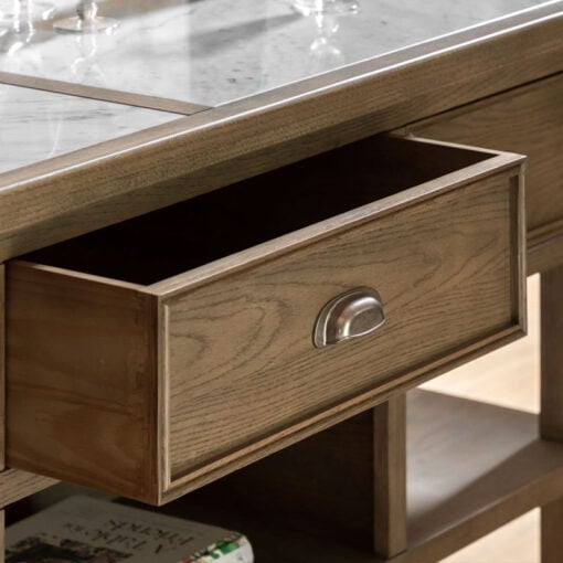 Rustic Country Farmhouse Dark Oak Wood 3 Drawer 3 Tier Kitchen Island With White Marble Top 150cm