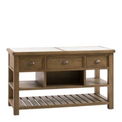 Rustic Country Farmhouse Dark Oak Wood 3 Drawer 3 Tier Kitchen Island With White Marble Top 150cm