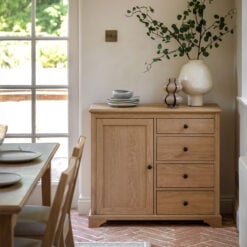 Rustic Country Farmhouse Light Oak Wood 1 Door 4 Drawer Small Sideboard Cabinet