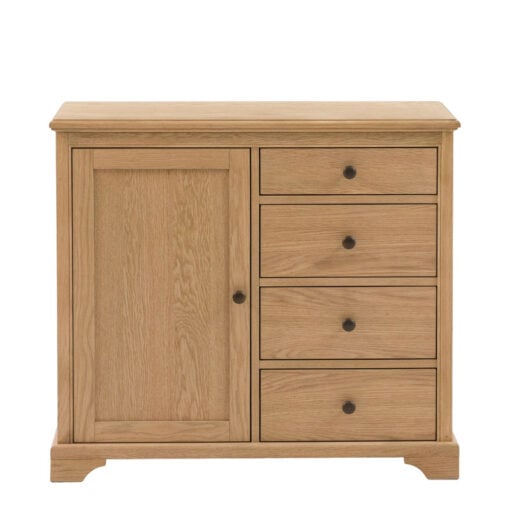 Rustic Country Farmhouse Light Oak Wood 1 Door 4 Drawer Small Sideboard Cabinet