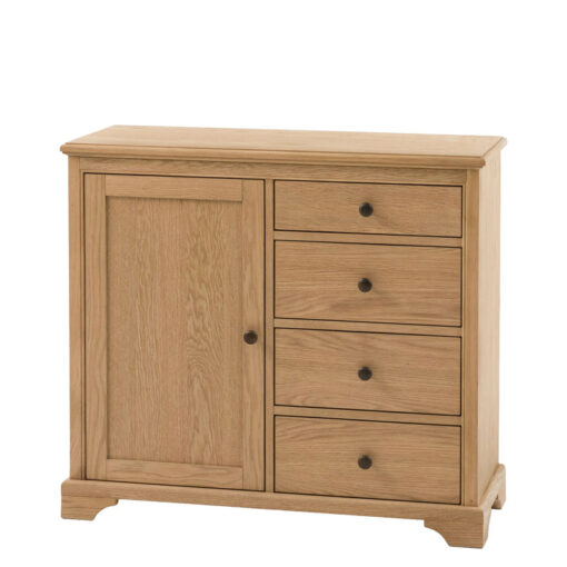 Rustic Country Farmhouse Light Oak Wood 1 Door 4 Drawer Small Sideboard Cabinet
