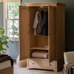 Rustic Country Farmhouse Light Oak Wood 1 Drawer 2 Door Large Wardrobe 187cm