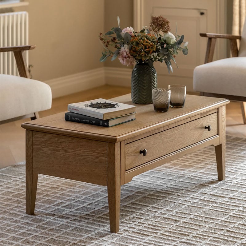Rustic Country Farmhouse Light Oak Wood 1 Drawer Rectangular Coffee Table 100cm Rustic Country Farmhouse Light Oak Wood 1 Drawer Rectangular Coffee Table 100cm