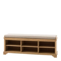 Rustic Country Farmhouse Light Oak Wood Hallway 2 Tier 6 Open Cubbies Bench With Upholstered Seat 140cm