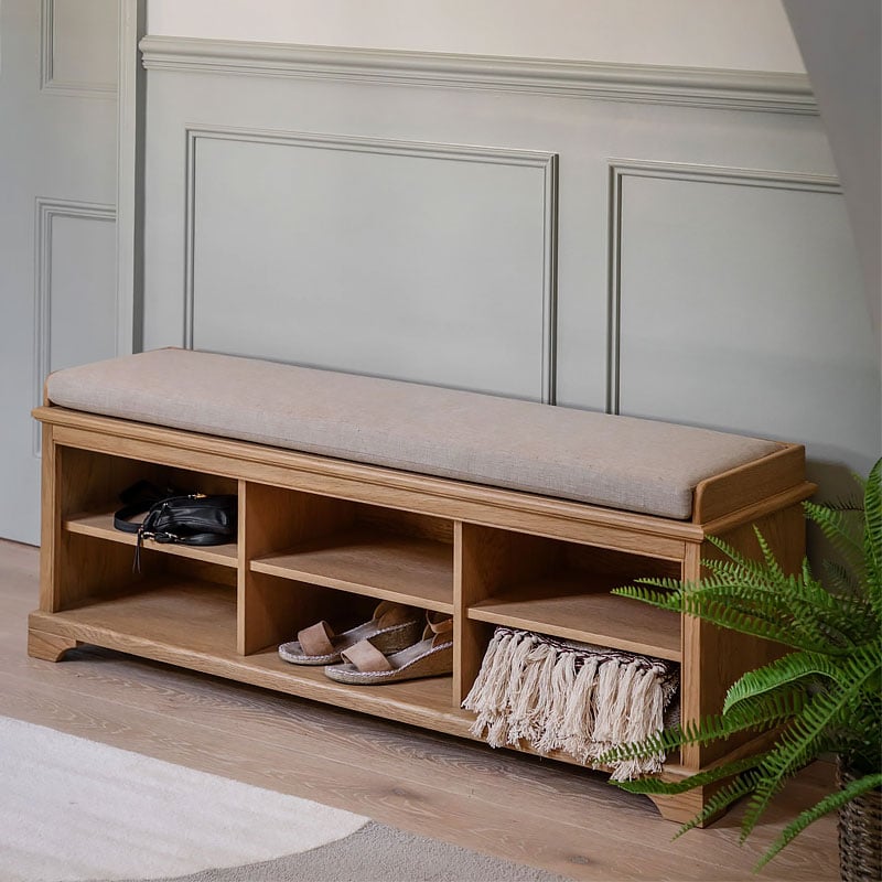 Rustic Country Farmhouse Light Oak Wood Hallway 2 Tier 6 Open Cubbies Bench With Upholstered Seat 140cm Rustic Country Farmhouse Light Oak Wood Hallway 2 Tier 6 Open Cubbies Bench With Upholstered Seat 140cm