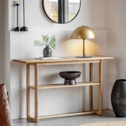 Rustic Scandi Japandi Light Oak Wood 2 Tier Slim Console Table 140cm