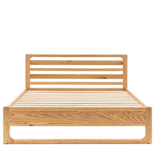 Rustic Scandi Japandi Light Oak Wood Double Bed Frame With Slatted Headboard