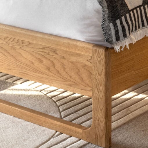 Rustic Scandi Japandi Light Oak Wood Double Bed Frame With Slatted Headboard