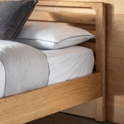 Rustic Scandi Japandi Light Oak Wood Double Bed Frame With Slatted Headboard