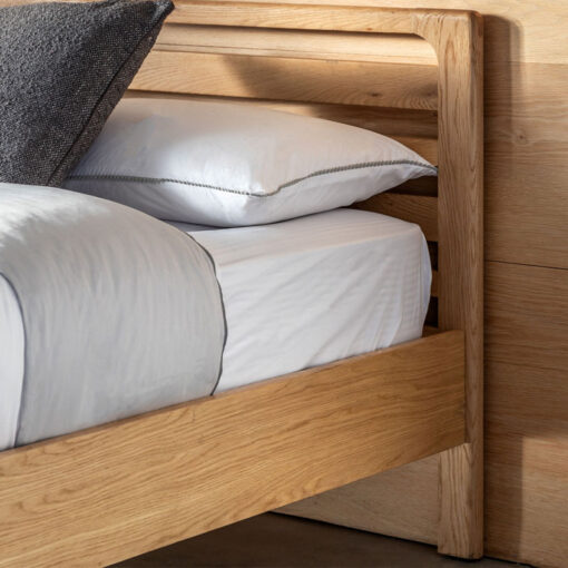 Rustic Scandi Japandi Light Oak Wood Double Bed Frame With Slatted Headboard