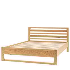 Rustic Scandi Japandi Light Oak Wood Double Bed Frame With Slatted Headboard