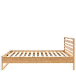 Rustic Scandi Japandi Light Oak Wood Double Bed Frame With Slatted Headboard