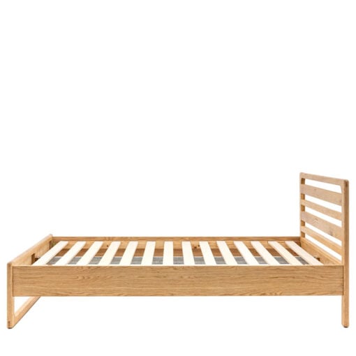 Rustic Scandi Japandi Light Oak Wood Double Bed Frame With Slatted Headboard