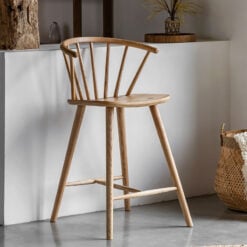Rustic Scandi Japandi Light Oak Wood Spindle Back Bar Stool