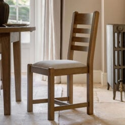 Set Of 2 Rustic Country Dark Oak Wood Dining Chairs With Upholstered Seats