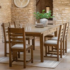 Set Of 2 Rustic Country Dark Oak Wood Dining Chairs With Upholstered Seats