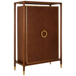 Mid Century Boho Dark Brown Walnut Wood And Gold Brass Metal 2 Door Large Tall Cabinet 152cm