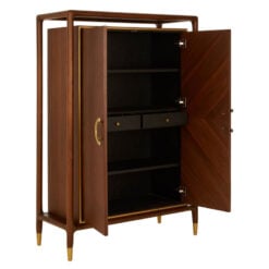Mid Century Boho Dark Brown Walnut Wood And Gold Brass Metal 2 Door Large Tall Cabinet 152cm