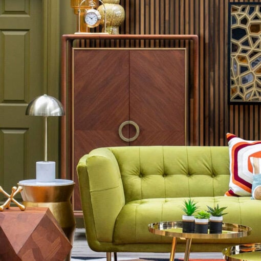 Mid Century Boho Dark Brown Walnut Wood And Gold Brass Metal 2 Door Large Tall Cabinet 152cm