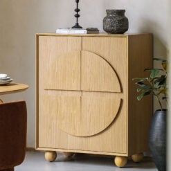 Rustic Boho Retro Geometric Light Oak Wood 2 Door Cabinet Small Sideboard 85cm