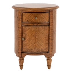 Rustic Country Farmhouse Dark Brown Mindi Wood 1 Drawer 1 Door Round Bedside Cabinet Side Table With Hand Carved Legs