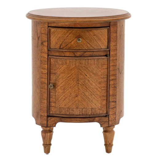 Rustic Country Farmhouse Dark Brown Mindi Wood 1 Drawer 1 Door Round Bedside Cabinet Side Table With Hand Carved Legs