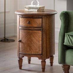 Rustic Country Farmhouse Dark Brown Mindi Wood 1 Drawer 1 Door Round Bedside Cabinet Side Table With Hand Carved Legs