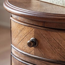 Rustic Country Farmhouse Dark Brown Mindi Wood 1 Drawer 1 Door Round Bedside Cabinet Side Table With Hand Carved Legs