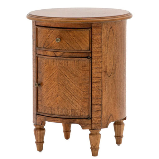 Rustic Country Farmhouse Dark Brown Mindi Wood 1 Drawer 1 Door Round Bedside Cabinet Side Table With Hand Carved Legs
