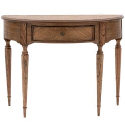 Rustic Country Farmhouse Dark Brown Mindi Wood 1 Drawer Half Moon Console Table With Hand Carved Legs