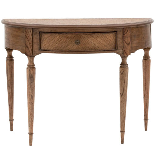 Rustic Country Farmhouse Dark Brown Mindi Wood 1 Drawer Half Moon Console Table With Hand Carved Legs