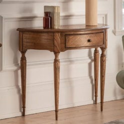 Rustic Country Farmhouse Dark Brown Mindi Wood 1 Drawer Half Moon Console Table With Hand Carved Legs