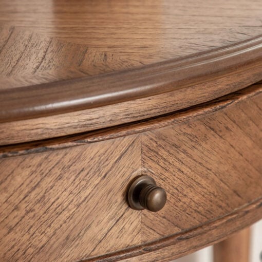 Rustic Country Farmhouse Dark Brown Mindi Wood 1 Drawer Half Moon Console Table With Hand Carved Legs