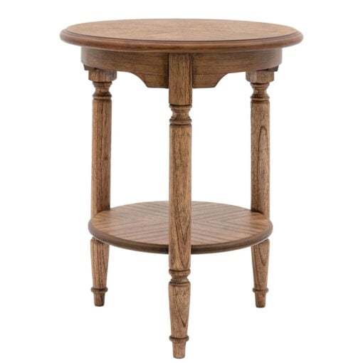 Rustic Country Farmhouse Dark Brown Mindi Wood 2 Tier Round Side Table With Hand Carved Legs
