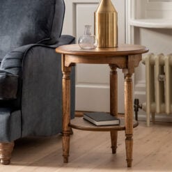 Rustic Country Farmhouse Dark Brown Mindi Wood 2 Tier Round Side Table With Hand Carved Legs