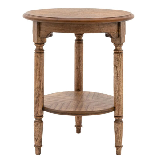 Rustic Country Farmhouse Dark Brown Mindi Wood 2 Tier Round Side Table With Hand Carved Legs