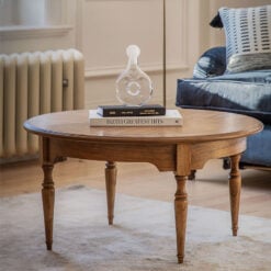 Rustic Country Farmhouse Dark Brown Mindy Wood Round Coffee Table With Hand Carved Legs 90cm