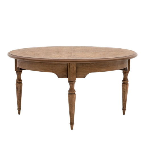 Rustic Country Farmhouse Dark Brown Mindi Wood Round Coffee Table With Hand Carved Legs 90cm