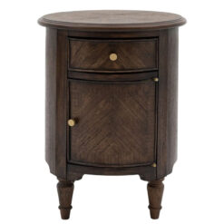 Rustic Country Farmhouse Dark Coffee Brown Mindi Wood 1 Drawer 1 Door Round Bedside Cabinet Side Table With Hand Carved Legs