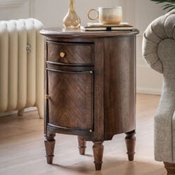 Rustic Country Farmhouse Dark Coffee Brown Mindi Wood 1 Drawer 1 Door Round Bedside Cabinet Side Table With Hand Carved Legs